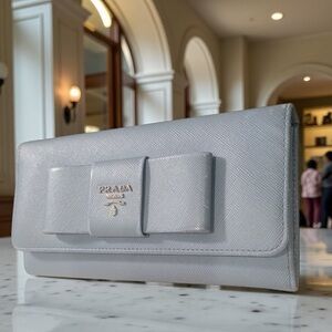Prada Powder Gray Saffiano Bow Continental Wallet